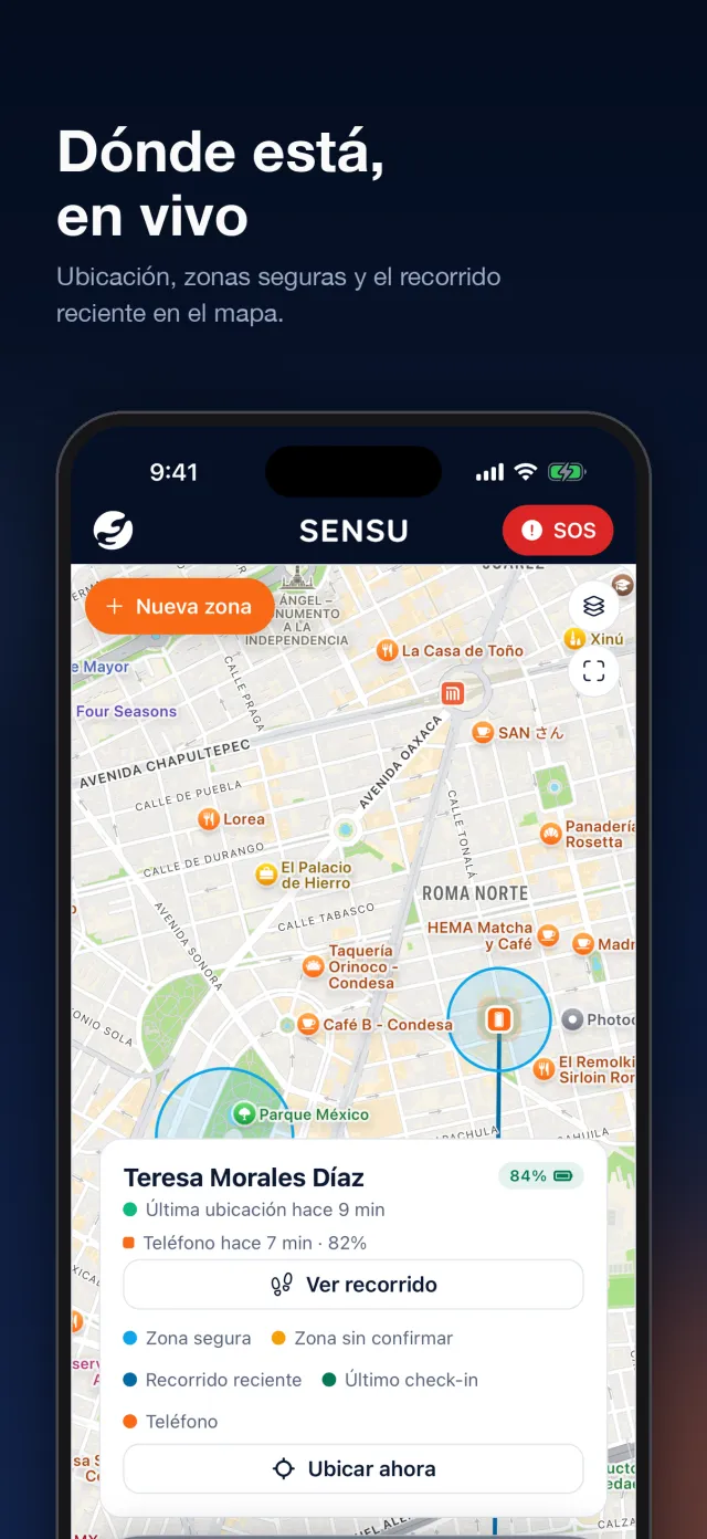 El mapa de la app Sensu con la ubicación de la persona y sus zonas seguras