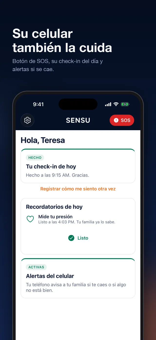 Pantalla de la persona protegida: botón SOS grande y su check-in del día