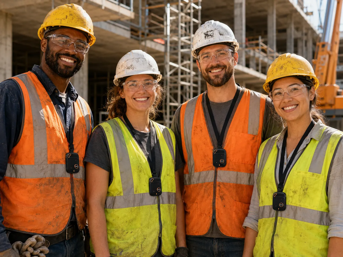 Cuatro trabajadores de construcción con casco y chaleco, cada uno con su botón Angela al cuello