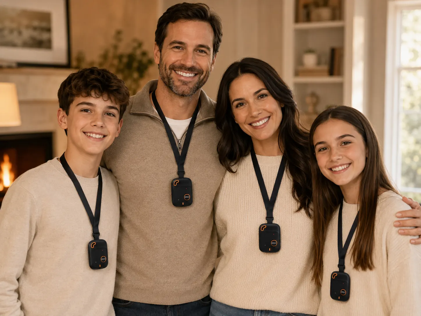 Una familia de cuatro en casa, todos con su botón Angela al cuello